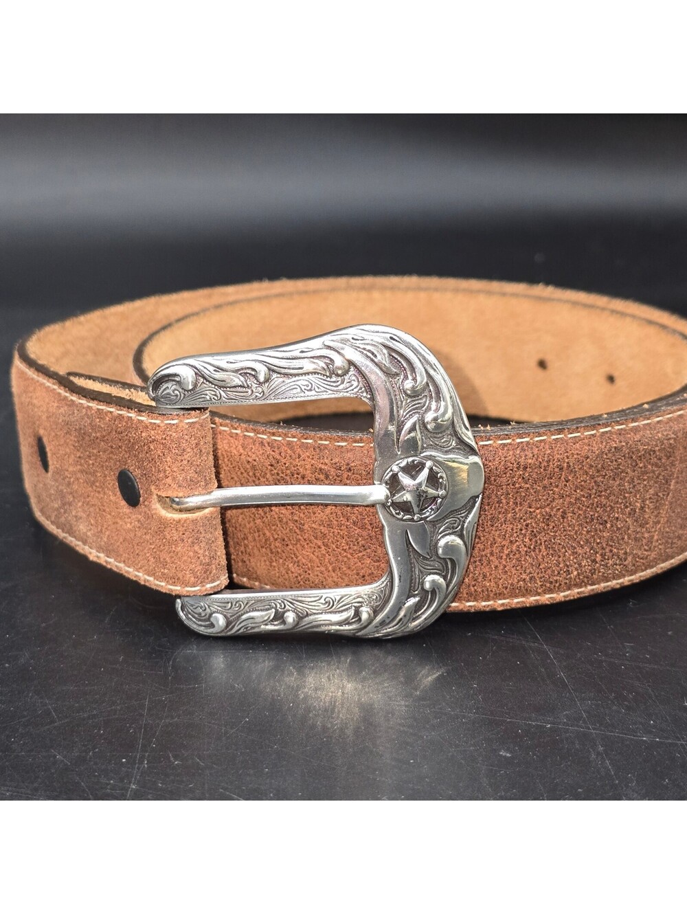 Vintage Justin Western Leather Belt Size 32 Made in USA Texas Lone Star Buckle